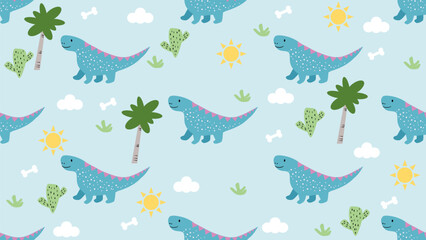 Dinosaurs seamless pattern background. Cute Dinosaurs illustration pattern. Cartoon Dinosaurs background. Perfect for fashion clothes, shirt, fabrics, textiles, wallpaper, decor, print, packaging.