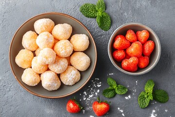 Snacks and berries in bowls with mint leaves on a surface