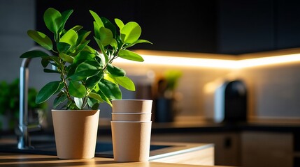 Kitchen Greenery: A Peaceful Modern Kitchen Setting with Lush Plants