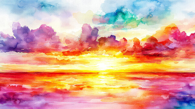Vibrant Sunset over the Ocean: A Watercolor Seascape of Colorful Clouds and Calm Waters