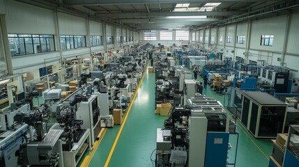Interior of an assembly plant for industrial robots, rows of machines building robotic arms and components, workers assembling parts, clean factory environment with high-tech machinery