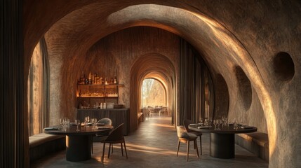 Obraz premium In a contemporary restaurant, tables are set with glasses, as illustrated in a 3d rendering