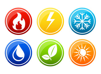 Set of water, fire, electricity, cold, heat and leaf icon. Round symbols of the natural elements. 
