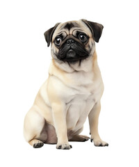 Pug sitting, full-body portrait on Png Format and Transparent Background