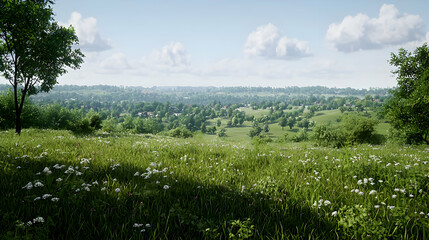 Fototapeta premium Vibrant Green Field with Wildflowers under a Clear Blue Sky during Summer with Trees and Rolling Hills in the Distance