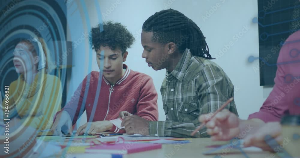 Poster collaborating on project, diverse students in school with coding animation overlay