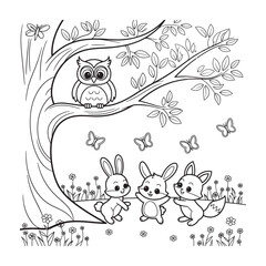 Cute Coloring Page: Owl, Bunnies Butterflies for Kids Printable Fun