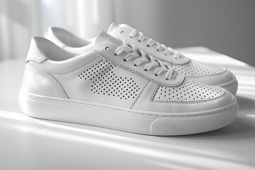 modern footwear, stylish white sneakers on a clean white background featuring a sleek leather exterior with strategic perforations for breathability and subtle branding