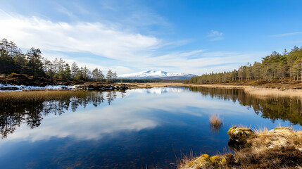 Fototapeta premium Panoramic Lake Reflecting Mountain Range Under Blue Sky With Trees And Vegetation