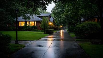 Rainy Evening Scene of Residential Street with Illuminated House and Tree Lined Sidewalk