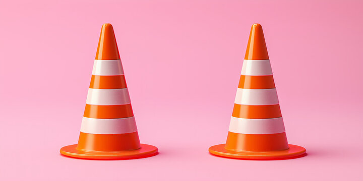 Two orange traffic cones on pink background. Construction and safety concept. 