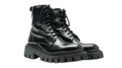 Pair of black leather boots with thick soles on transparent background