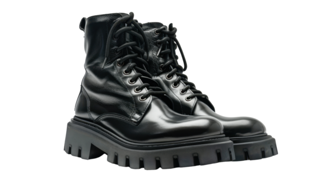 Pair of black leather boots with thick soles on transparent background