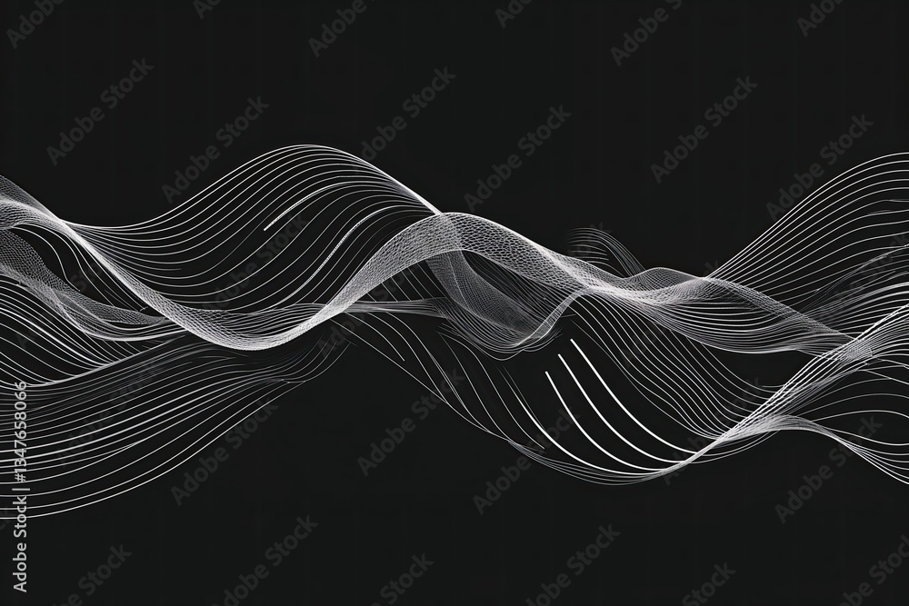 Poster dynamic black background with abstract silver wave patterns and connectivity design