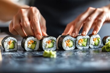 Close-up of hands arranging delicious vegetarian sushi rolls with avocado and cucumber.