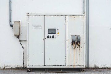 Large white electrical box with meters attached to a white textured wall