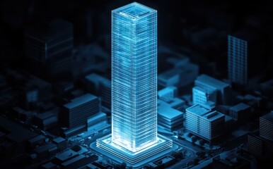 Futuristic city, glowing skyscraper, digital core, night scene, tech concept