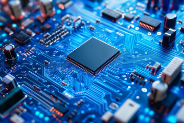 Fototapeta premium AI chip on vibrant blue circuit board with glowing details. AI generated