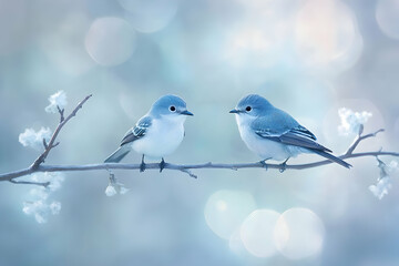 Two small blue birds perched on a branch with bokeh light in background
