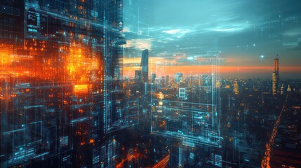 Futuristic city skyline, digital data overlay, sunset, technological innovation, website banner