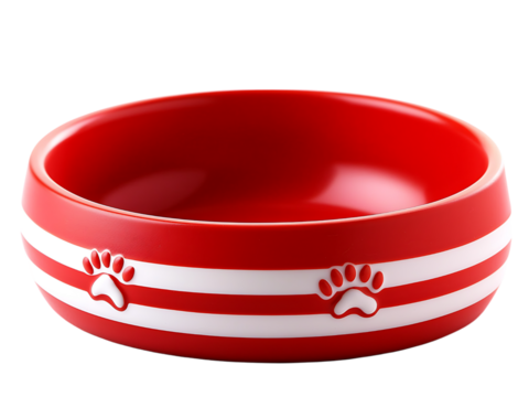 Ceramic Pet Food Bowl with Paw Prints in Vibrant Red Design, isolated on white or transparent background