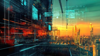Futuristic city sunset, digital overlay, data streams