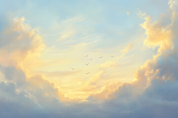 A serene sky filled with fluffy clouds and a flock of birds in the distance
