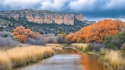 Autumn River with Canyon Landscape.