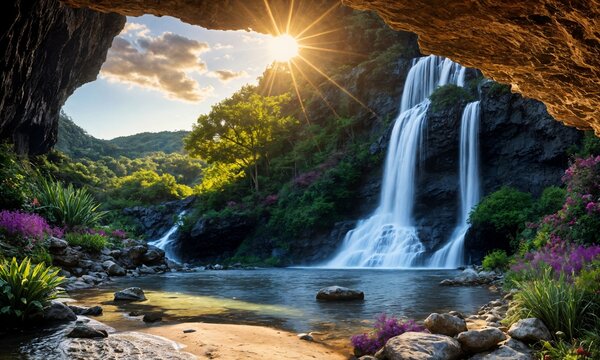 Breathtaking sunrise over a cascading waterfall in a spring forest &ndash; Peaceful landscape with soft morning mist and vibrant greenery