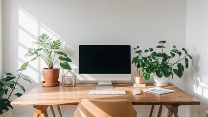 In a radiantly simple home office scene, a sleek wooden desk is adorned with a modern computer, a vibrant potted plant, and chic decor. 