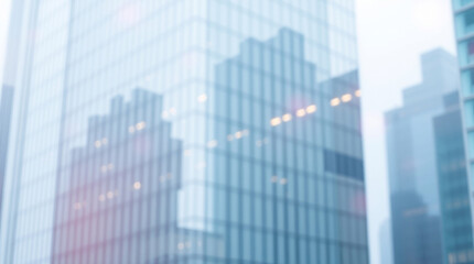 Obraz premium A soft, dreamy photograph of an abstract modern glass office building downtown, using soft pastel colors to create a gentle and soothing atmosphere. The image is hazy with soft light.jpg