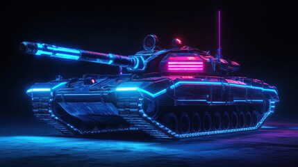 Obraz premium Futuristic tank, neon lights, dark background, military concept, gaming asset