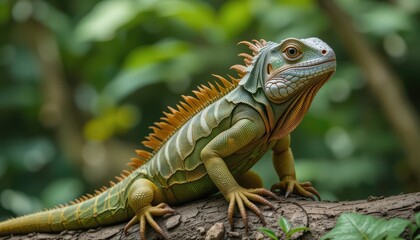 Fototapeta premium Green iguana resting on a tree branch in the wild