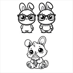 Naklejka premium Bunny Cartoon Holding Ice Cream Cone - Adorable Hand-Drawn Stock Illustration for Children’s.