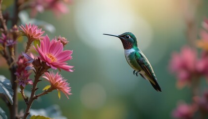 Fototapeta premium hummingbird flying near flower