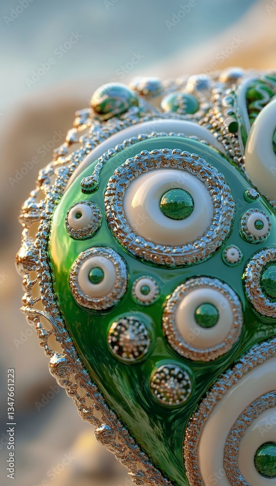 Poster metallic rings form a geometric shape in an abstract 3d render that is set against a vibrant green b