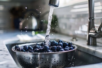 Fresh blueberries in kitchen colander