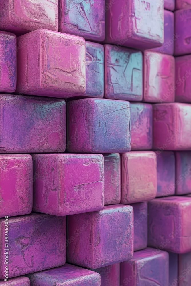 Poster cubes in a 3d abstract rendering are shown in a range of purple and pink shades that blend together 