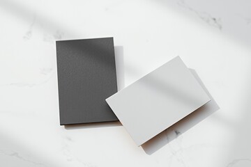 Elegant Black and White Business Card Mockup with Soft Festive Shadows on a Luxurious Marble Surface