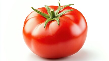 Red, vine ripened tomato presenting glossy surface, crisp green stem attached, symbolizing garden fresh nutrition against pristine white backdrop