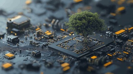 Green tree growing on circuit board, technology, sustainability, future
