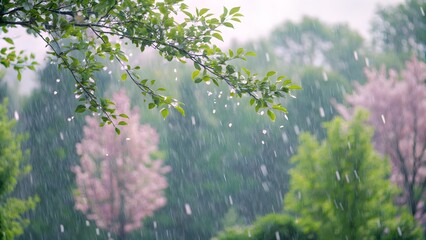 Fototapeta premium Dreamy spring rain soft raindrops fresh green