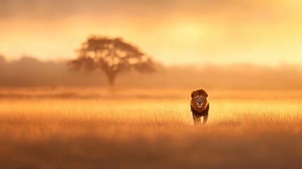 Muscular lion walking through sunlit golden savanna grass, embodying wild majesty during warm evening light across african plains