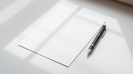 Elegant Festive Letterhead Mockup Featuring a Luxury Black Pen, Blank Paper, and Soft Sunlight Shadows for Invitations, Announcements, and Celebratory Branding Designs