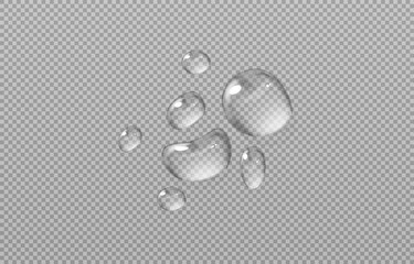 Abstract water droplets on a transparent background, designed in a vector style. Clean and realistic shapes with soft highlights create a sense of freshness and lightness. Perfect for designs related