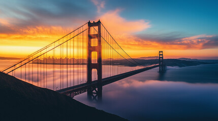 Obraz premium Often shrouded in the city's characteristic fog, the Golden Gate Bridge emerges as a majestic silhouette, its towers reaching skyward, a testament to its enduring grandeur. 