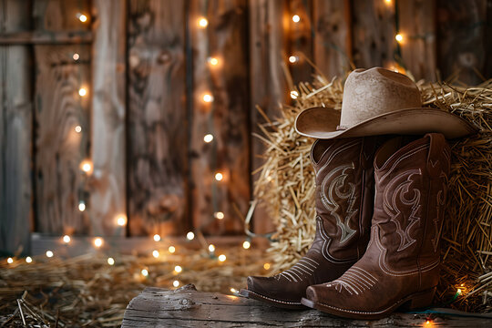 western-themed party decor, capturing rustic western charm with cowboy boots, hat, and string lights for your wild west-themed party decorations
