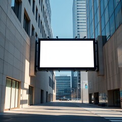 Obraz premium Blank Hanging Urban Billboard Mockup in a Modern City Alley for Advertisement Display