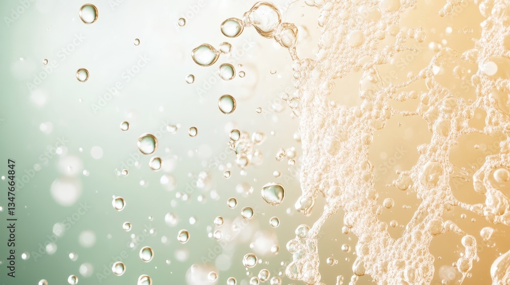 Poster golden droplets merging, bubbling with effervescence, creating sparkling abstract pattern symbolizin