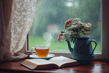 mild beat of rain bits at pane mixed with cozy grip of a steaming brew and a new read cloaks area in a peaceful joy
